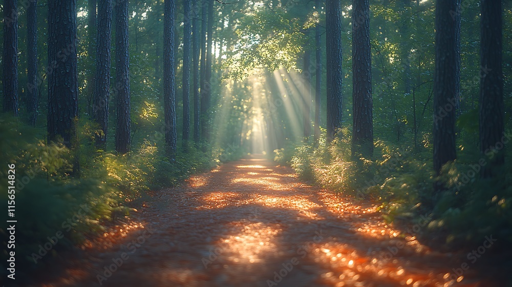Obraz premium Sunbeams Illuminate Forest Path Through Trees