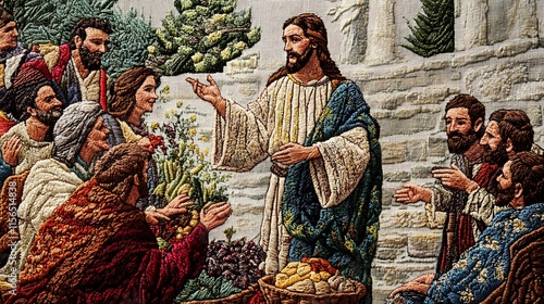 Detailed Illustration: Jesus Eloquently Addresses a Crowd in a Serene Garden Setting. AI Generated photo