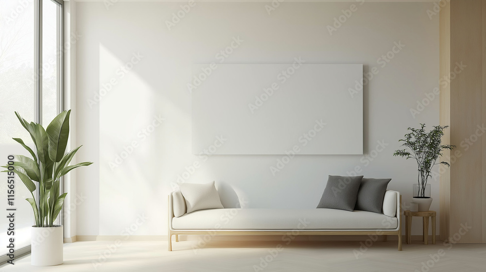 Minimalist living room with white sofa and wall radiator Minimalist living room with white sofa and wall radiator