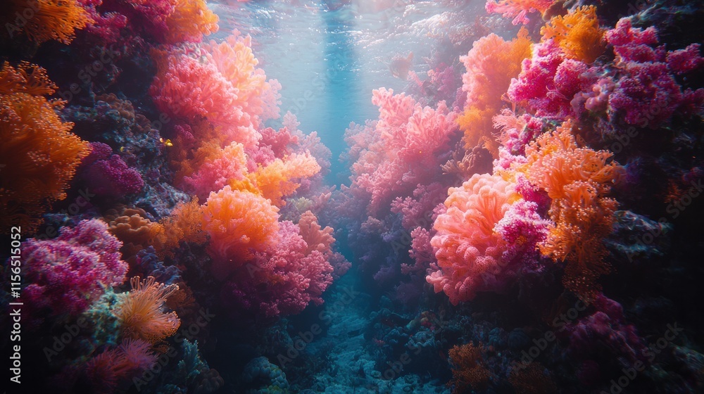 Fototapeta premium Abstract underwater coral reef with colorful coral and light beam