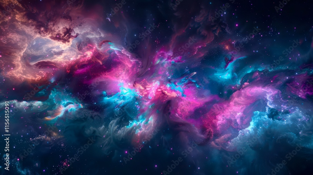 Colorful cosmic nebula in deep space with vibrant pink, blue, and purple hues illuminated by distant stars at the edge of the universe Colorful cosmic nebula in deep space with vibrant pink, blue, and purple hues illuminated by distant stars at the edge of the universe