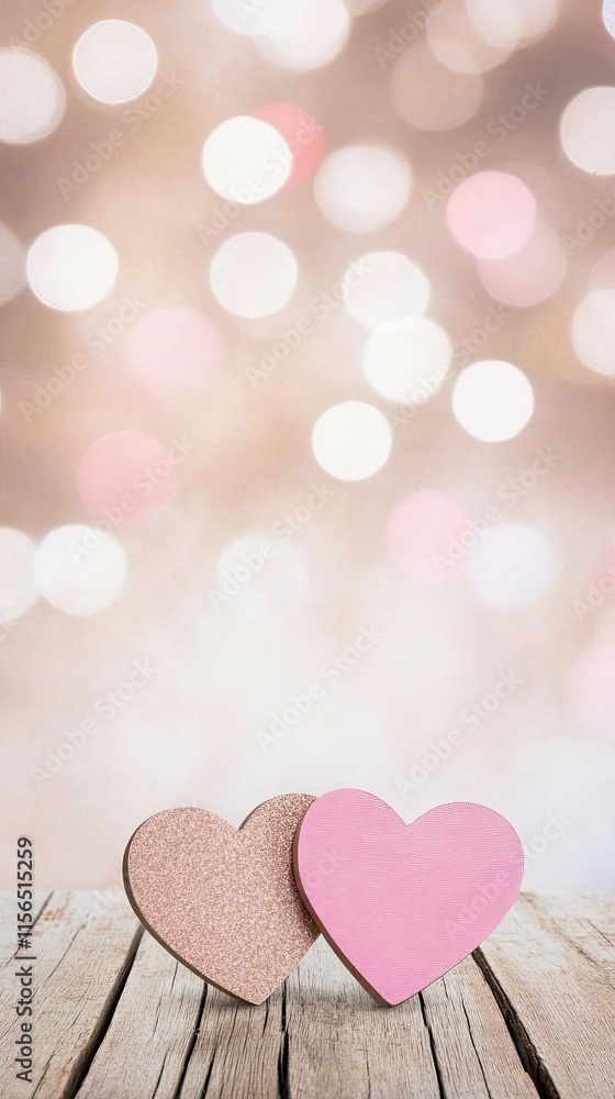 Two hearts on wooden surface, bokeh background Two hearts on wooden surface, bokeh background