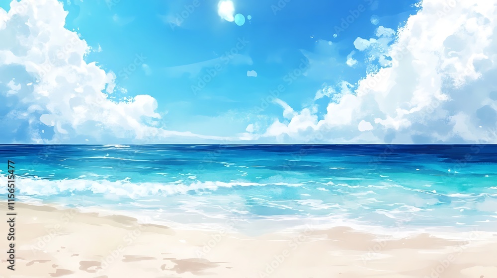 Fototapeta premium Serene Beachscape: Digitally Painted Summer Day Illustration. AI Generated