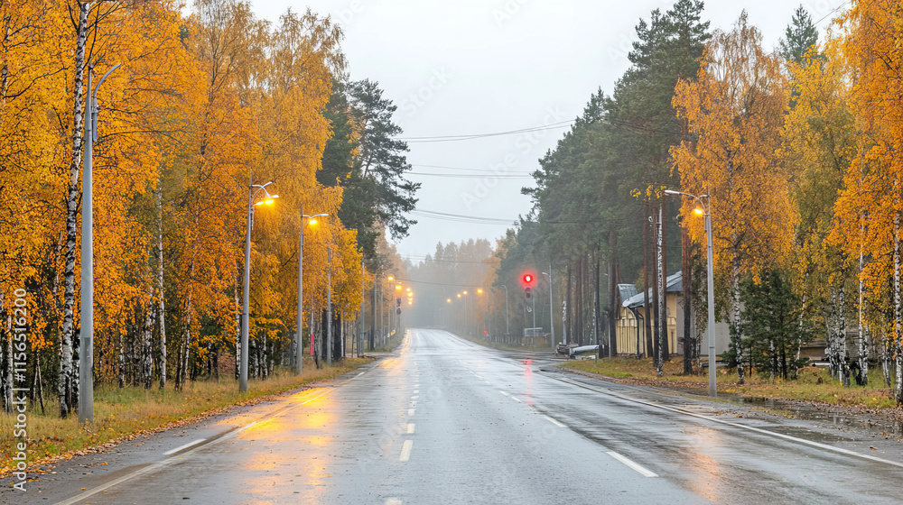 a picturesque autumn road illuminated by streetlights in the rain a picturesque autumn road illuminated by streetlights in the rain