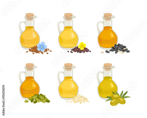 Set of cooking oils in glass bottles. Vector cartoon flat illustration. Food icons.