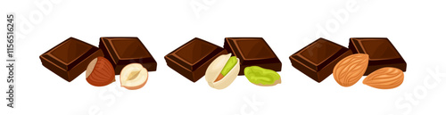Set of chocolates with nuts. Vector cartoon flat illustration of sweet food.