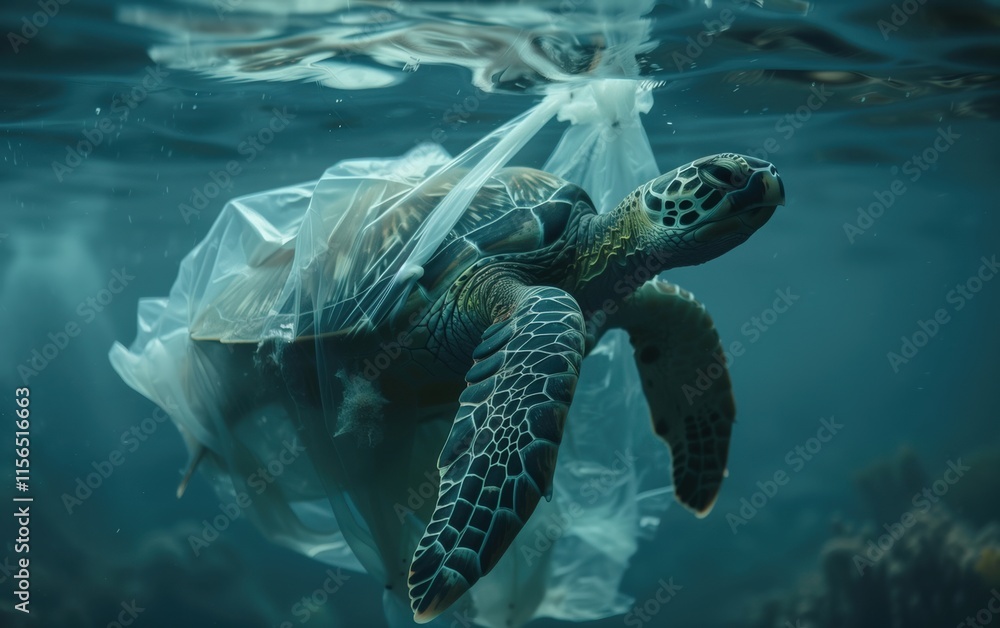 Fototapeta premium A sea turtle entangled in plastic waste swims through vibrant coral reefs in tropical waters during the afternoon light