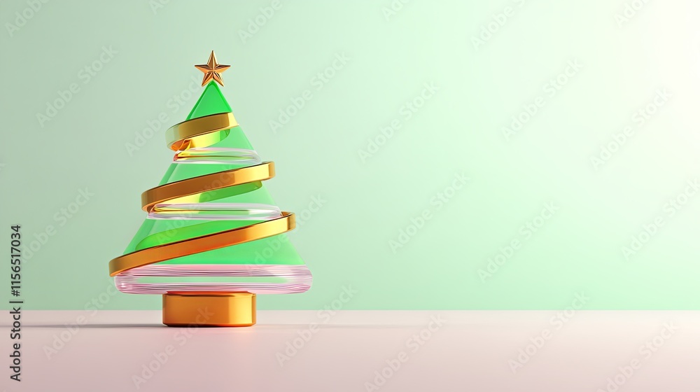 pastel Christmas celebration soft tones concept. A modern, stylized Christmas tree with gold ribbon on a soft green background. pastel Christmas celebration soft tones concept. A modern, stylized Christmas tree with gold ribbon on a soft green background.