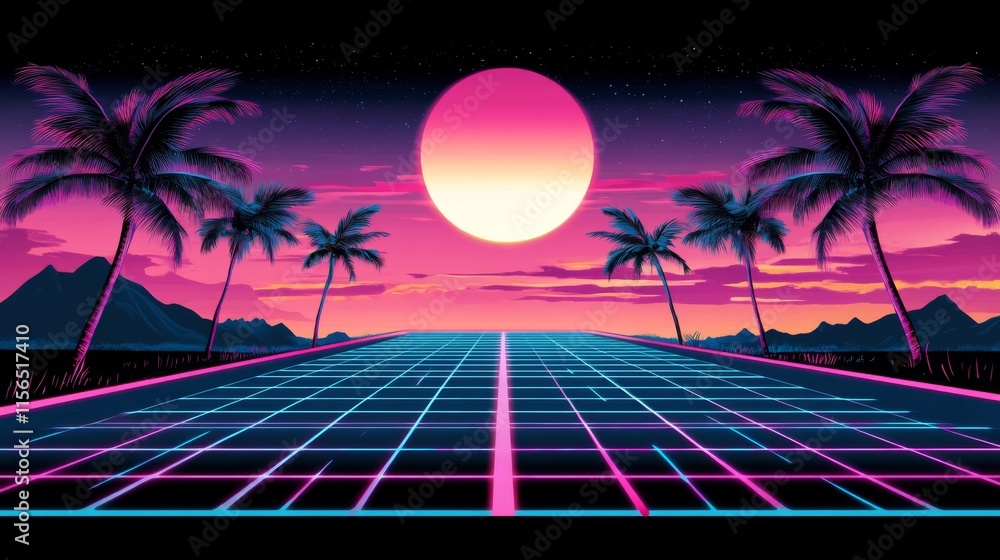 Naklejka premium Futuristic landscape with palm trees along grid-like road, A miami vice theme