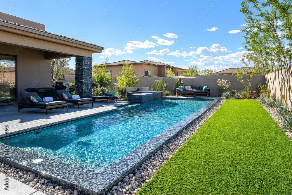 Modern Arizona home with pool and grassy area, minimalist landscaping, contemporary landscape design, captured with 24mm lens, HD photography, high detail. Modern Arizona home with pool and grassy area, minimalist landscaping, contemporary landscape design, captured with 24mm lens, HD photography, high detail.