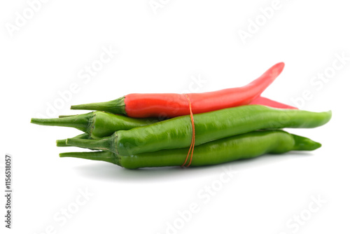  Green and red chilli peppers on white background