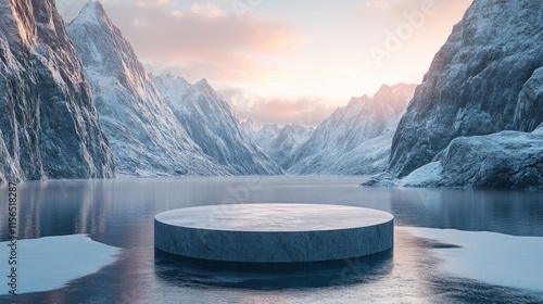 Podium placed on a frozen lake at the base of towering mountains photo