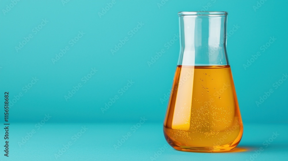 oil spill prevention concept. Laboratory flask with orange liquid against a teal background. oil spill prevention concept. Laboratory flask with orange liquid against a teal background.