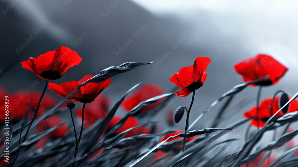 Obraz premium Vibrant Red Poppies Swaying in the Wind, a Field of Beauty Under a Gray Sky, Nature's Elegance