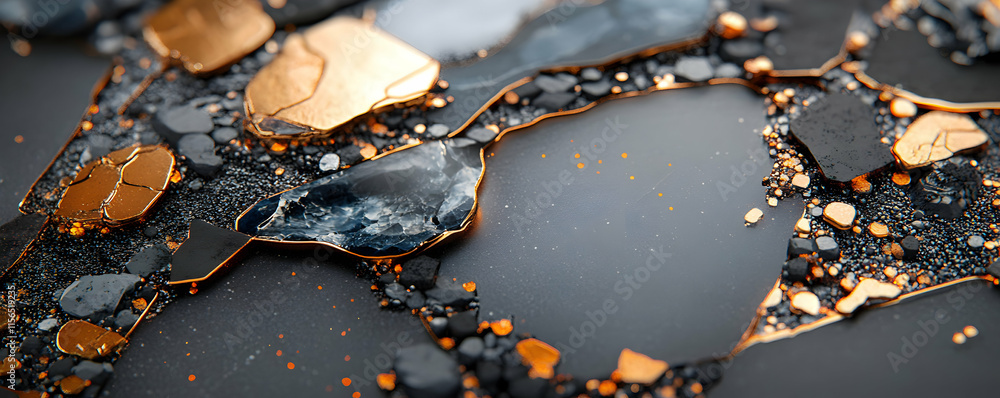 Fototapeta premium Abstract Gold & Black Fractured Surface: Gleaming Minerals Reflect Light Intensely