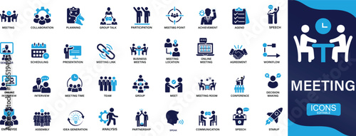 Meeting icon set. seminar, business meeting, presentation, interview, conference, assembly, agreement , discussion. You can easily change the color.