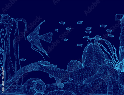 Blue image of a fish aquarium with a blue fish swimming over it. The fish are swimming in the tank and there are many of them photo