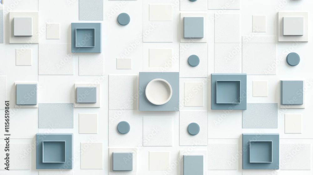 Vector seamless pattern of squares decorated with circles and squares. Blue abd gray backing with white pieces. Vector seamless pattern of squares decorated with circles and squares. Blue abd gray backing with white pieces.