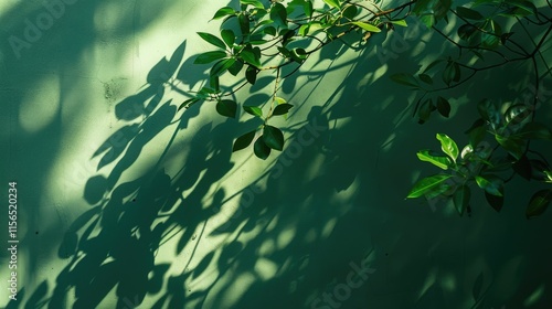 Abstract silhouette of the shadow from the natural leaves of a tree branch on a green concrete wall. Atmospheric background of a sunny summer day.