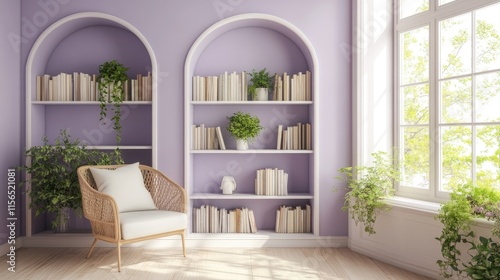 Serene Reading Nook With Arched Bookcases And Plants