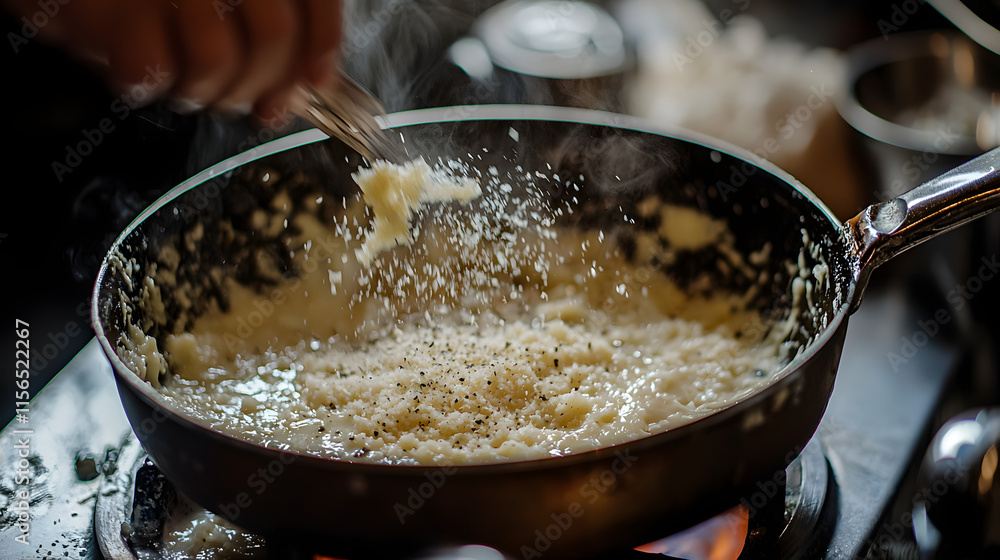 Final Touch of Freshly Grated Parmesan Melting in Creamy Sauce Final Touch of Freshly Grated Parmesan Melting in Creamy Sauce