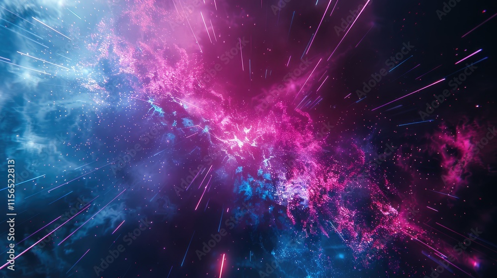 Obraz premium A vibrant cosmic scene depicting colorful nebulae and light streaks in deep space.