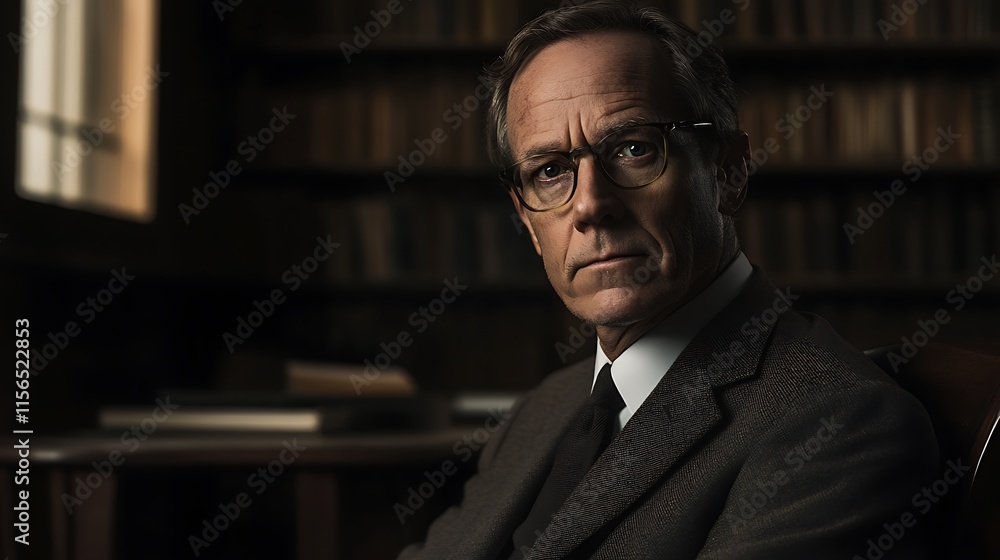 Fototapeta premium Close-up Photo: Pensive Professor Intensely Gazing Amidst Antique Bookshelves. AI Generated