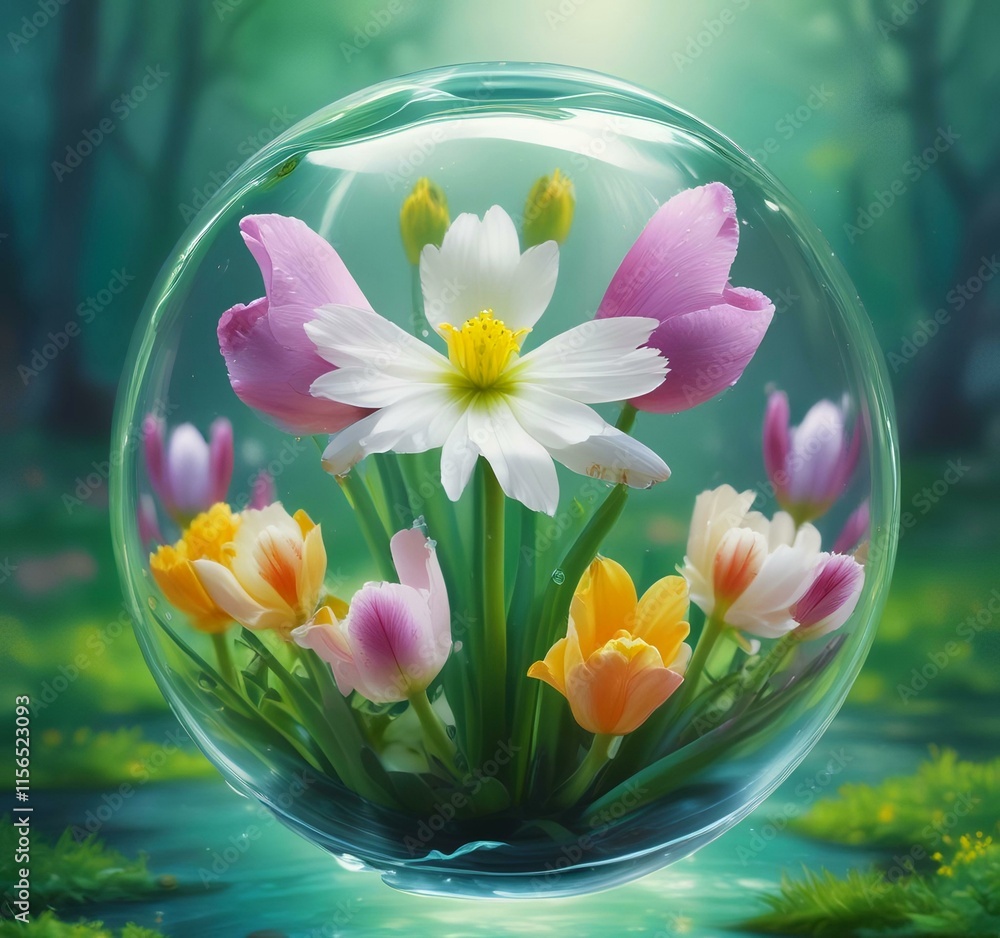 Illustration of water drop with spring flower. Illustration of water drop with spring flower.