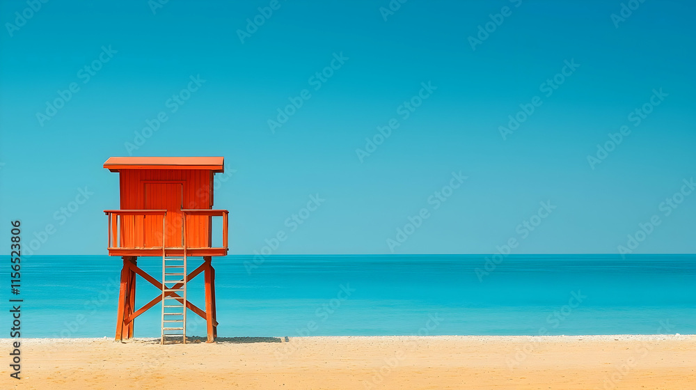 Lifeguard station overlooking calm ocean beach setting photography serene environment Lifeguard station overlooking calm ocean beach setting photography serene environment
