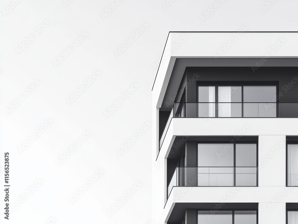 A minimalistic view of a modern building corner featuring sleek lines, large windows, and a clean white facade against a light sky. A minimalistic view of a modern building corner featuring sleek lines, large windows, and a clean white facade against a light sky.
