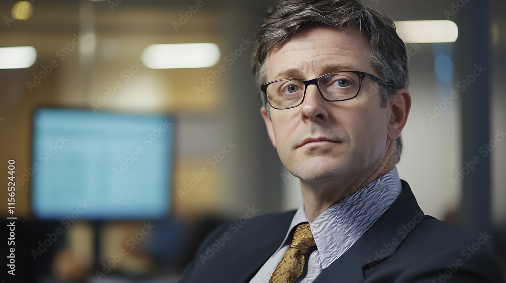 Naklejka premium Close-up Photo: Confident Businessman Pensively Gazing in Modern Office. AI Generated