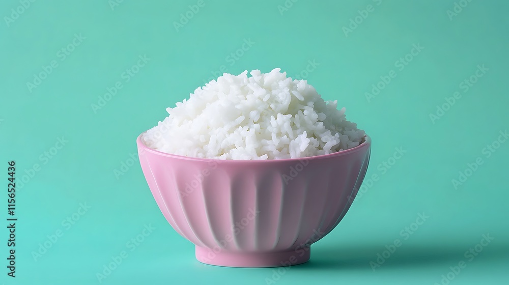 Close-up Photo: Perfectly Cooked Rice Resting in a Pink Bowl Against a Teal Background. AI Generated Close-up Photo: Perfectly Cooked Rice Resting in a Pink Bowl Against a Teal Background. AI Generated