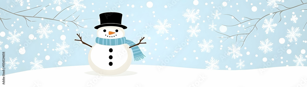 Charming Snowman in Winter Wonderland, Snowflakes Dance Gently Around Him in a Festive Scene Charming Snowman in Winter Wonderland, Snowflakes Dance Gently Around Him in a Festive Scene