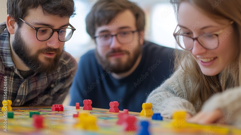 Business people sitting around a table focusing on strategy with game pieces on the table, social works and teamwork, think as a team