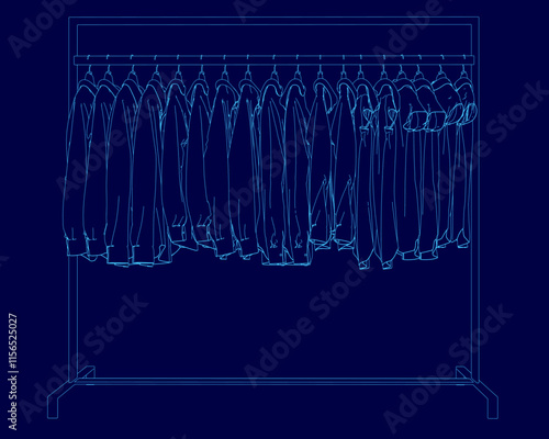 The image is a blue drawing of a clothes rack with various pieces of clothing hanging on it. The clothes are arranged in a neat and orderly fashion, with some hanging higher up
