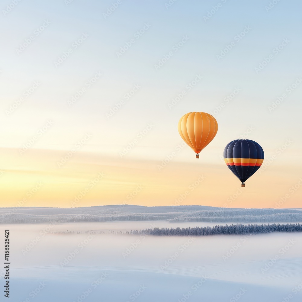 Colorful Hot Air Balloons Over Serene Winter Landscape Colorful Hot Air Balloons Over Serene Winter Landscape
