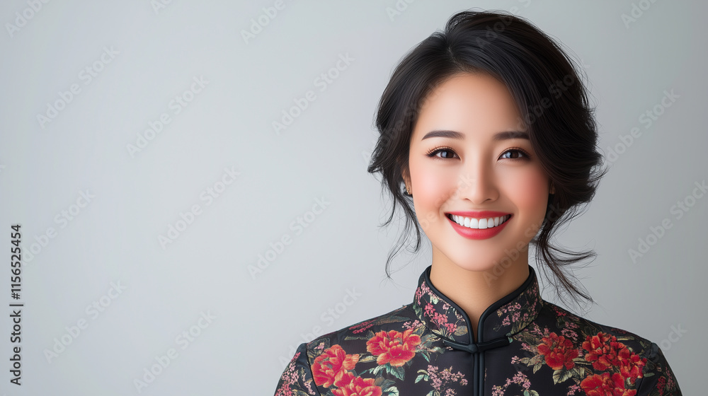 Chinese woman smiling in floral dress, showcasing elegance and joy. Chinese woman smiling in floral dress, showcasing elegance and joy.