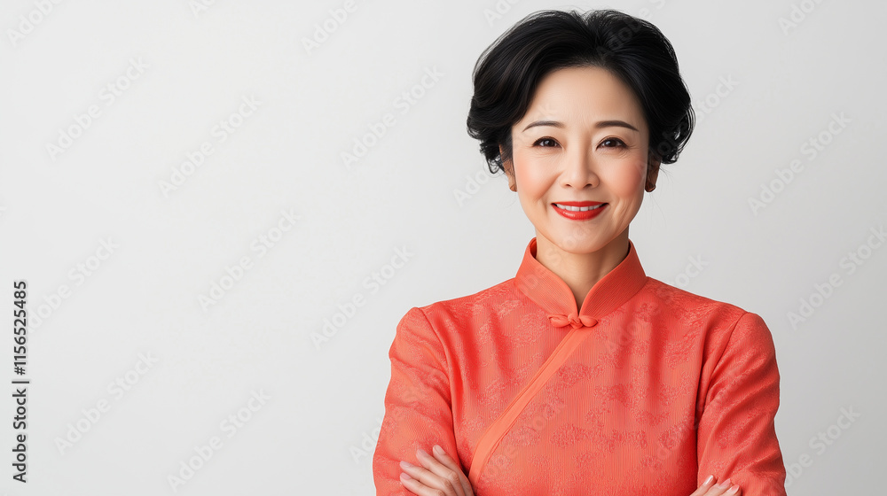 Confident Chinese woman in orange traditional attire, smiling with arms crossed. Confident Chinese woman in orange traditional attire, smiling with arms crossed.