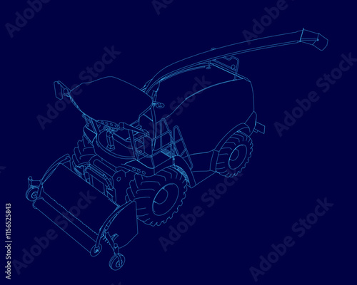 Blue drawing of a tractor with a large grain silo on top. The tractor is shown in a stylized way, with the grain silo taking up most of the image.