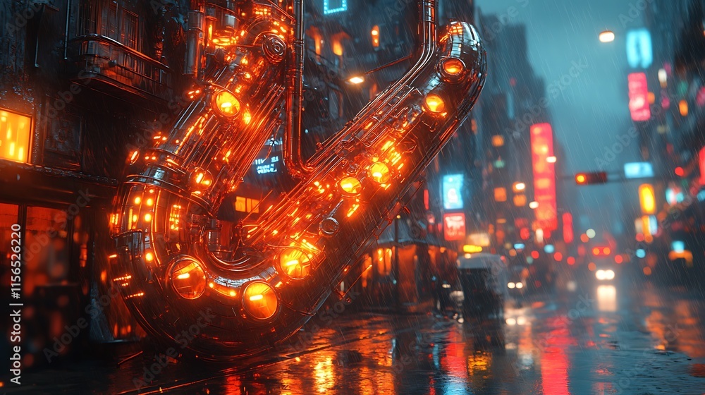 Fototapeta premium Illuminated Saxophone Adorns Rainy Cyberpunk Cityscape