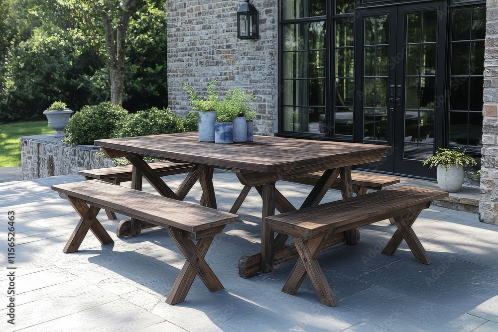 Briarwood solid wood outdoor dining table with two benches on the patio, high-detail product photo. Briarwood solid wood outdoor dining table with two benches on the patio, high-detail product photo.