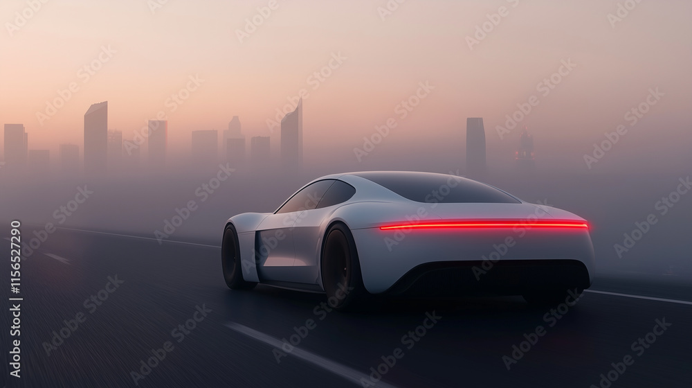 sleek white electric car drives on foggy road with city skyline in background, showcasing modern design and technology. sleek white electric car drives on foggy road with city skyline in background, showcasing modern design and technology.