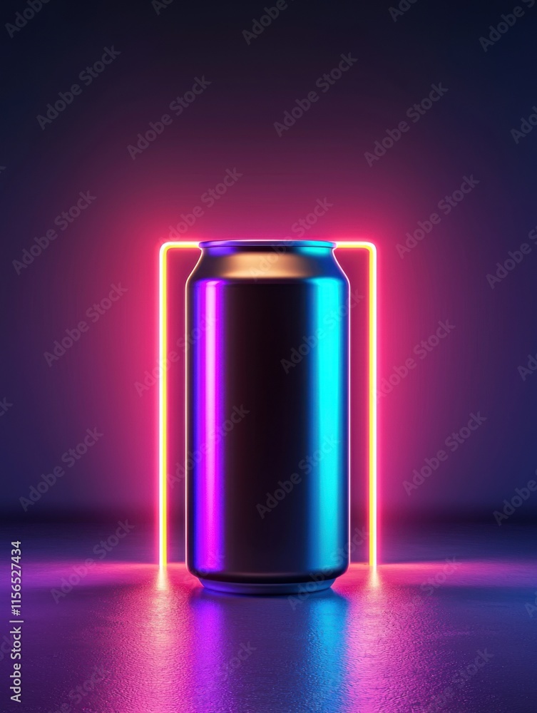 Sleek Premium Beverage Can Mockup with Neon Lights and Modern Background Sleek Premium Beverage Can Mockup with Neon Lights and Modern Background