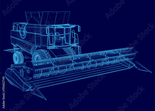 Blue image of a combine harvester. The image is of a grain harvester with a blue color scheme