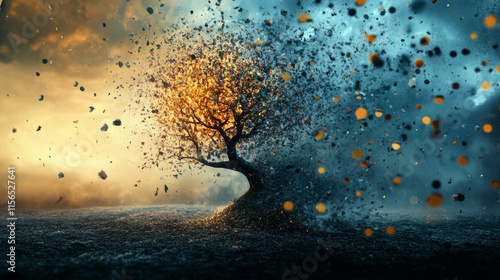 The tree of particles. Tree wind tears of small circles and dots. vector illustration