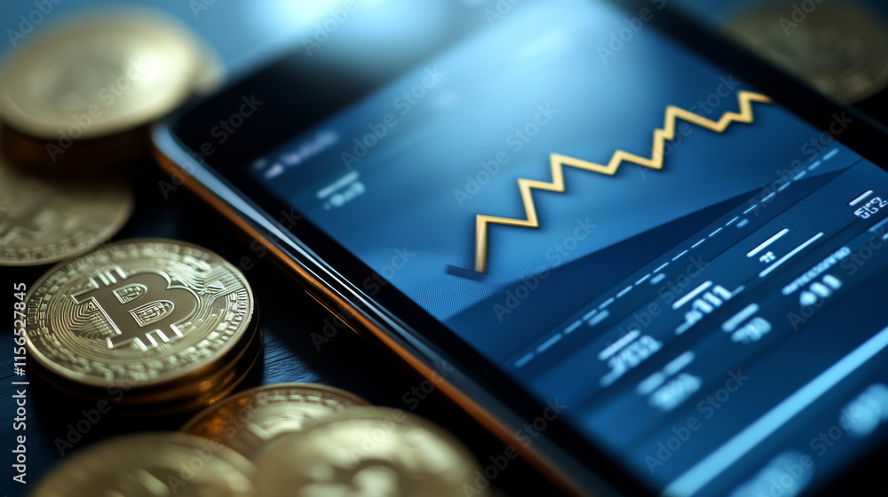 Abstract digital mobile cellphone with golden dollar coin, coin stack and arrow up on smarthone screen. Growth graph chart on technology dark background. Money increase revenue. Vector illustration. Abstract digital mobile cellphone with golden dollar coin, coin stack and arrow up on smarthone screen. Growth graph chart on technology dark background. Money increase revenue. Vector illustration.