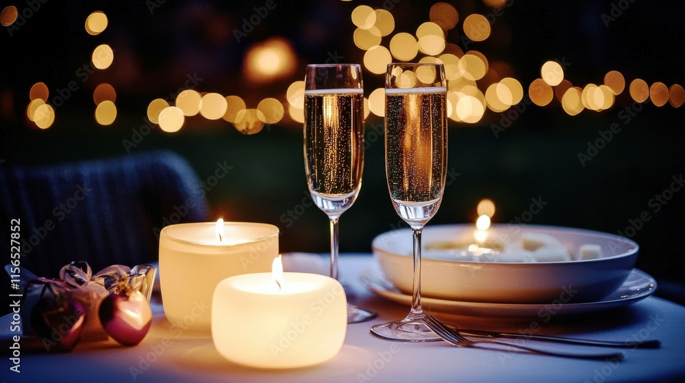 Elegant Romantic Dinner Setting with Sparkling Wine, Candles, and Bokeh Lights in a Cozy Atmosphere Perfect for Special Occasions and Celebrations Elegant Romantic Dinner Setting with Sparkling Wine, Candles, and Bokeh Lights in a Cozy Atmosphere Perfect for Special Occasions and Celebrations
