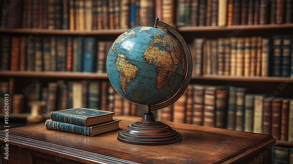 Antique Globe Rests on Wooden Desk Near Bookshelves