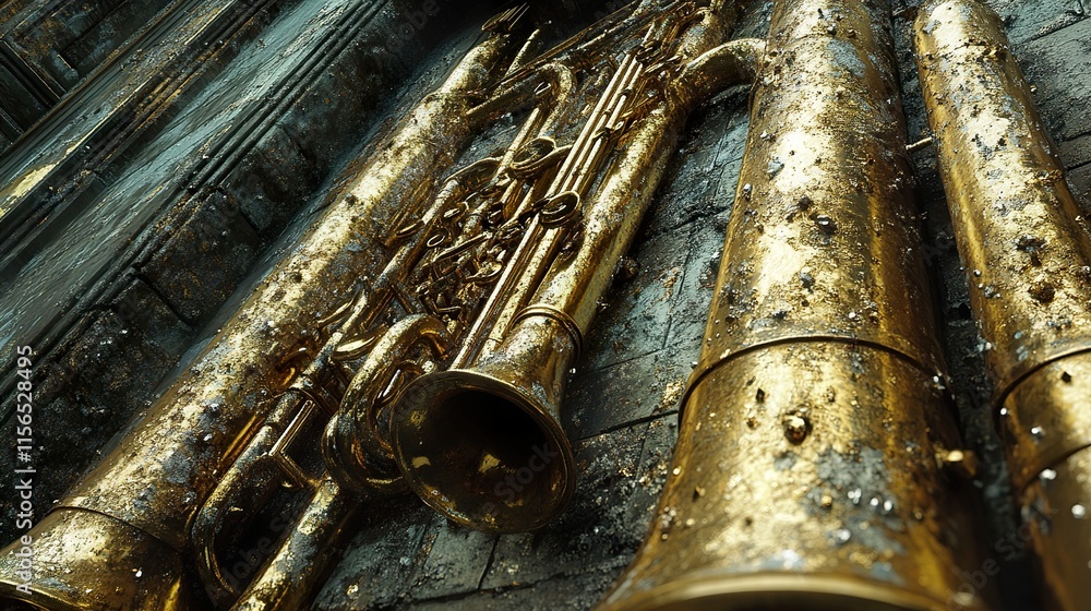 Naklejka premium Golden Trombone on Weathered Wall: Musical Still Life