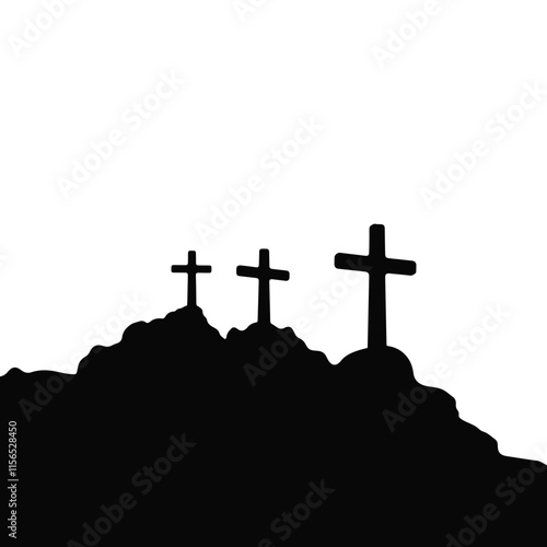 Three crosses on a hill symbolize the crucifixion in a biblical story of sacrifice and redemption